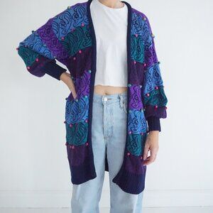 Vintage Gabani Purple Teal Paisley Beaded Long Knit Open Boho Cardigan M